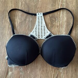 Victoria Secret White Crochet Racerback Black Swim Bikini Top size large NWOT